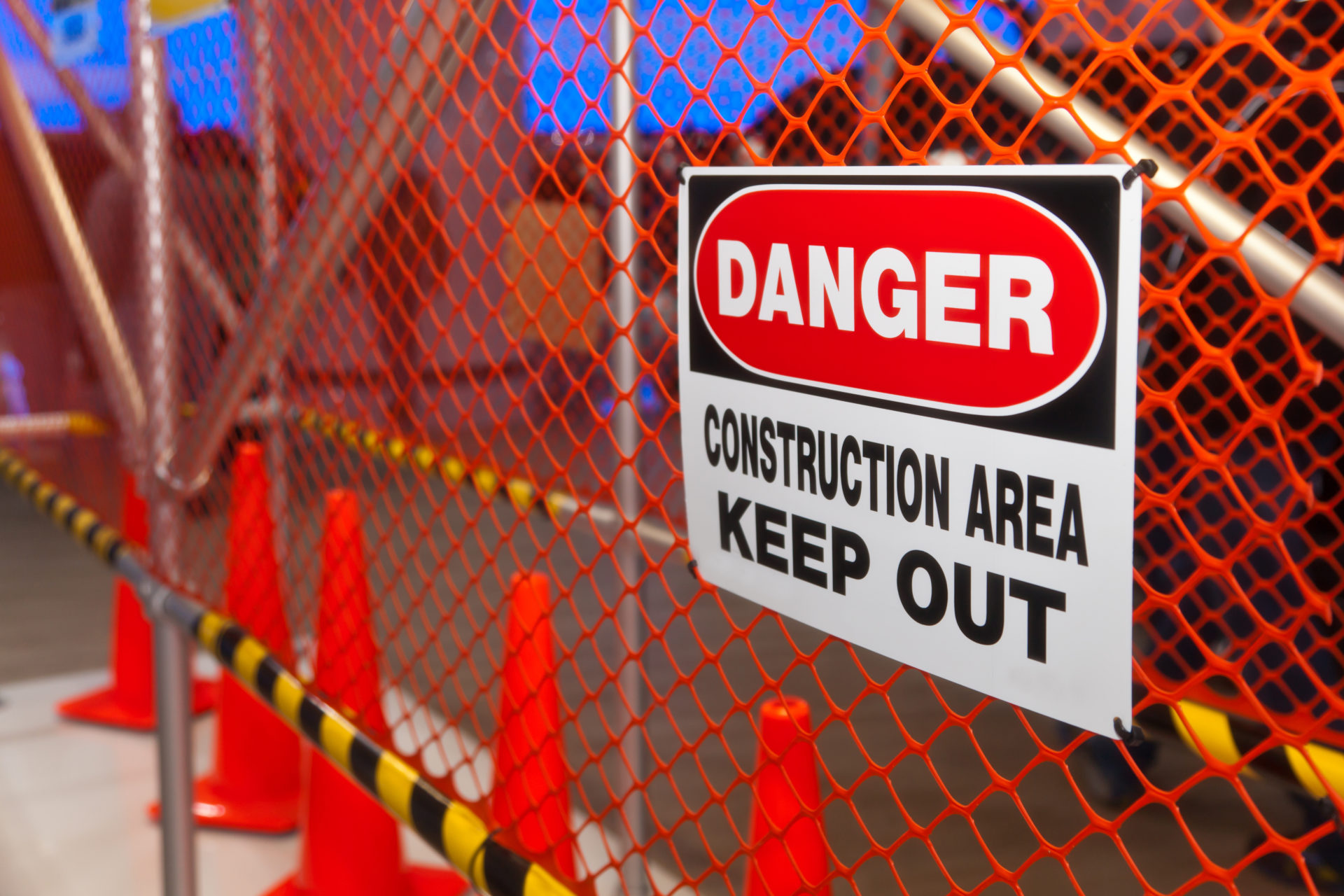 Danger Construction Area safety warning sign. Selective focus.