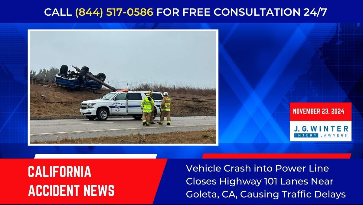 Vehicle Crash into Power Line Closes Highway 101 Lanes Near Goleta, CA, Causing Traffic Delays