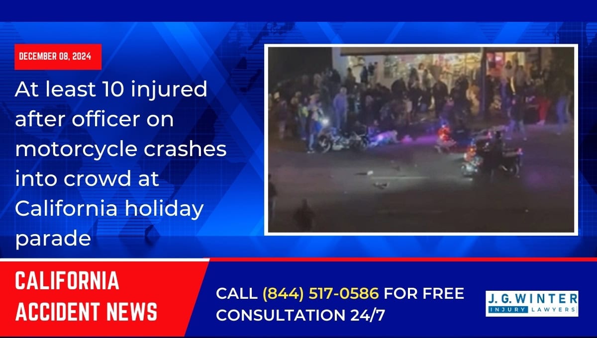 At least 10 injured after officer on motorcycle crashes into crowd at CA holiday parade