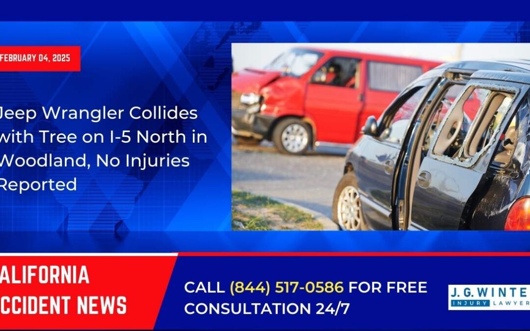 [02-04-2025] – Jeep Wrangler Collides with Tree on I-5 North in Woodland, No Injuries Reported