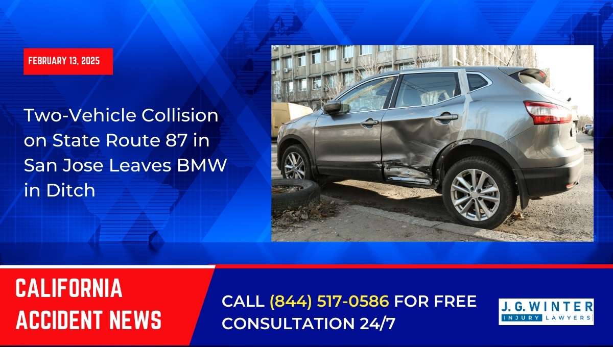 Two-Vehicle Collision on State Route 87 in San Jose Leaves BMW in Ditch