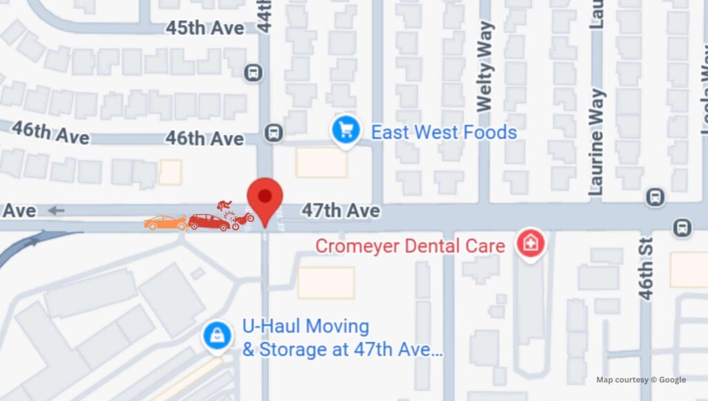 South Sacramento, CA - Motorcyclist Injured in Three-Vehicle Crash on 47th Ave